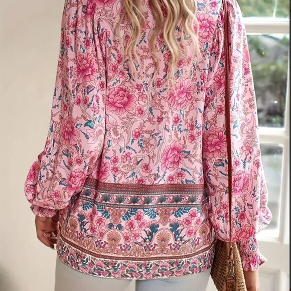 NWOT Floral Lantern Long Sleeve V-Neck Blouse-Tie Detail Top for Fall Size L - Picture 2 of 3